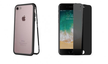 Husa Apple iPhone 7 Magnetica cu spate din sticla securizata si folie privacy pentru ecran, Perfect Fit