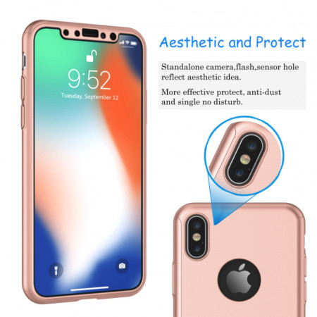 Husa Apple iPhone X, FullBody Elegance Luxury Rose-Gold, acoperire completa 360 grade cu folie de sticla gratis