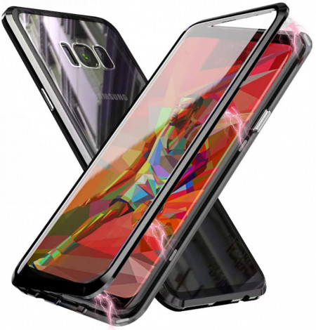 Husa Samsung Galaxy S8 Plus , Magnetica Negru, Perfect Fit cu spate de sticla securizata premium + folie de sticla pentru ecran