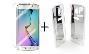 Pachet husa Elegance Luxury pentru Samsung Galasy S6 Egde TIP OGLINDA ARGINTIE ( SILVER ) cu folie de protectie gratis !