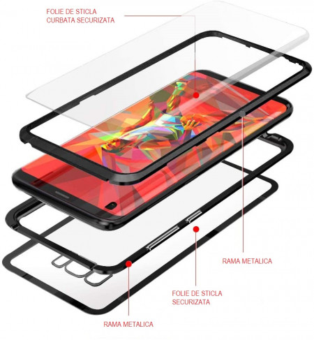 Husa Samsung Galaxy S8 Plus , Magnetica Negru, Perfect Fit cu spate de sticla securizata premium + folie de sticla pentru ecran