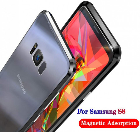 Husa Samsung Galaxy S8 Plus , Magnetica Negru, Perfect Fit cu spate de sticla securizata premium + folie de sticla pentru ecran