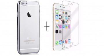 Pachet husa Elegance Luxury placata Silver pentru Apple iPhone 6 Plus / Apple iPhone 6S Plus cu folie de protectie gratis