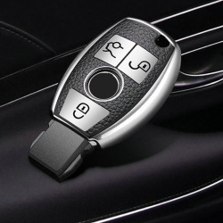 Husa Cheie Auto pentru Mercedes Benz, cu insertii piele, 3 Butoane, Silicon, Silver