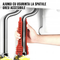 Cheie multifuncțională, instalații sanitare, tevi de apă, reglabilă, robinete, racorduri, flanșe, fixare, ergonomică, compactă, roșie, durabilă, rezistentă la coroziune, profesionist, pasionat de bricolaj, eficiență, precizie
