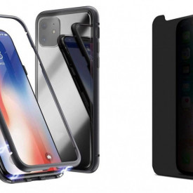 Husa Apple iPhone 11 Magnetica cu spate din sticla securizata si folie privacy pentru ecran, Perfect Fit