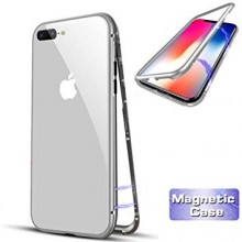 Husa Apple iPhone 8, Magnetica 360 grade Argintiu, Perfect Fit cu spate de sticla securizata premium + folie de sticla pentru ecran gratis