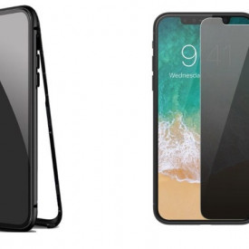 Husa Apple iPhone XS Magnetica cu spate din sticla securizata si folie privacy pentru ecran, Perfect Fit
