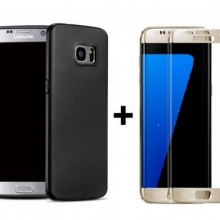 Pachet husa Elegance Luxury Antisoc TPU Black pentru Samsung Galaxy S7 Edge cu folie de sticla Gold gratis !