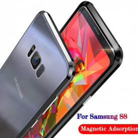 Husa Samsung Galaxy S8 , Magnetica Negru, Perfect Fit cu spate de sticla securizata premium + folie de sticla pentru ecran