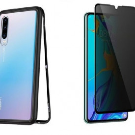 Husa Huawei P30 Magnetica cu spate din sticla securizata si folie privacy pentru ecran, Perfect Fit
