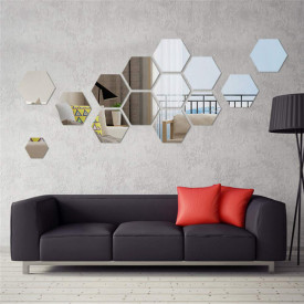 Set Oglinzi Decorative Acrilice Design Hexagon Silver XXL Diagonala 18 cm - Set 12 buc
