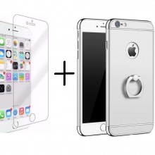 Pachet husa Elegance Luxury Silver 3in1 Ultrasubtire cu inel pentru Apple iPhone 7 Plus cu folie de protectie gratis