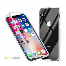 Husa Apple iPhone 8, Magnetica 360 grade Argintiu, Perfect Fit cu spate de sticla securizata premium + folie de sticla pentru ecran gratis