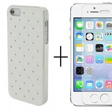 Pachet husa Elegance Luxury Silver cu diamante pe spate pentru Apple iPhone 5 / Apple iPhone 5S / Apple iPhone SE cu folie de sticla gratis !