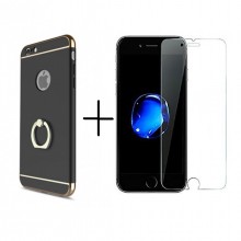 Pachet husa Elegance Luxury Black 3in1 Ultrasubtire cu inel pentru Apple iPhone 7 cu folie de sticla gratis