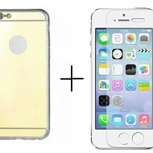 Pachet husa Elegance Luxury Tip Oglinda Gold pentru Apple Iphone 5 / Apple iPhone 5S / Apple iPhone 5SE cu folie de sticla gratis !