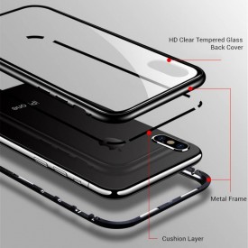 Husa Apple iPhone X, Magnetica 360 grade Argintiu, Perfect Fit cu spate de sticla securizata premium + folie de sticla gratis