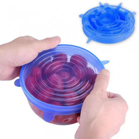 Set 6 Capace Albastre si flexibile din silicon pentru vase/recipiente, castron, bol, pahar, borcan, inlocuitor de folie strech alimentara