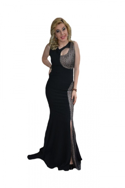Rochie trendy de seara, model lung crapat pe picior, nuanta neagra