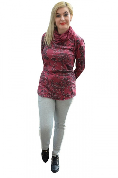Bluza marsala cu decolteu rotund si maneca lunga, cu esarfa
