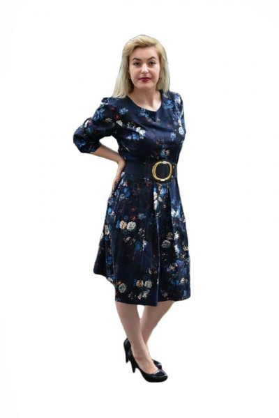 Rochie rafinata bleumarin cu margarete crem, bordo