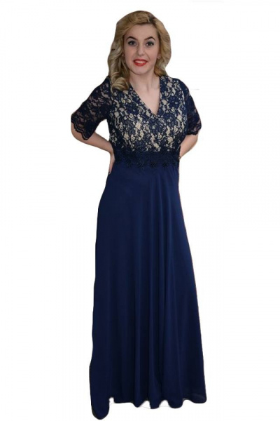 Rochie de seara lunga, masura mare, din voal si dantela bleumarin