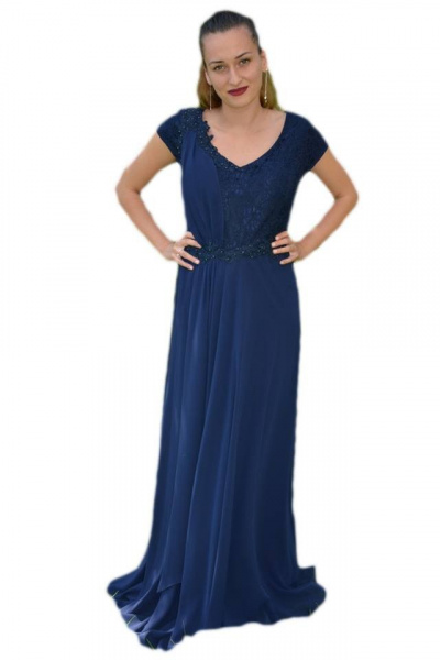 Rochie eleganta, de seara, bleumarin, voal cu insertii de dantela