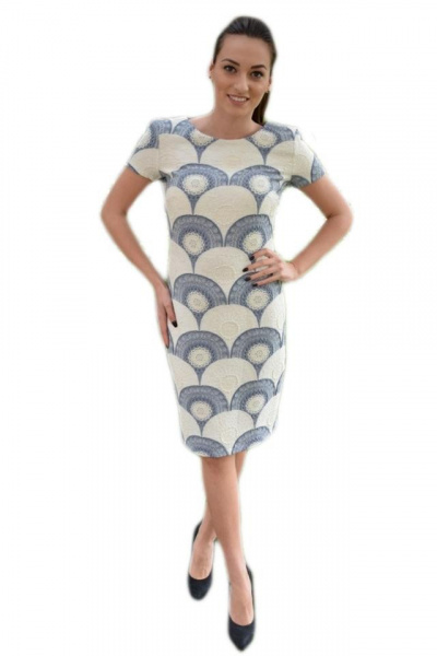 Rochie rafinata de zi cu imprimeu bleumarin-bej in tesatura