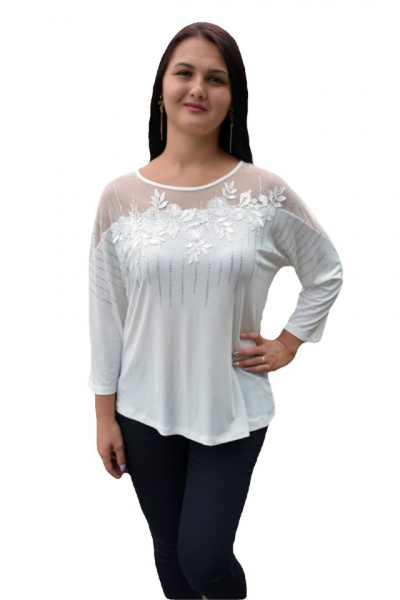 Bluza trendy cu maneca trei-sferturi si decolteu rotund, alba