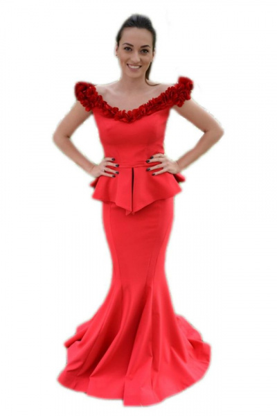 Rochie deosebita de seara, rosie, tip sirena cu peplum in talie