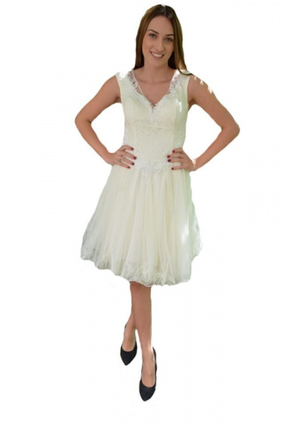 Rochie fashion de seara de culoarea perlei, din tul cu dantela fina