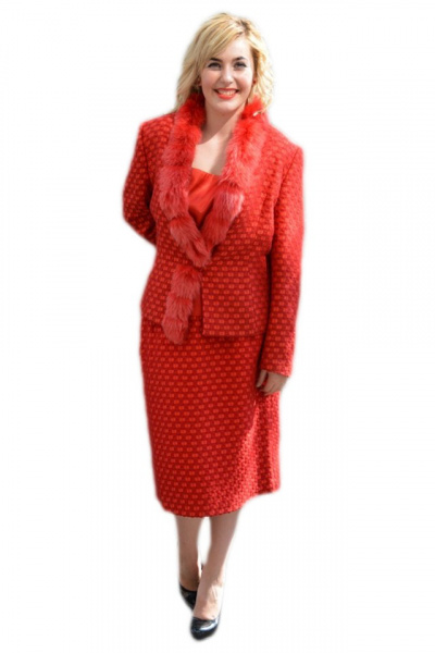 Costum elegant bej, gri, negru,rosu cu insertii de blanita