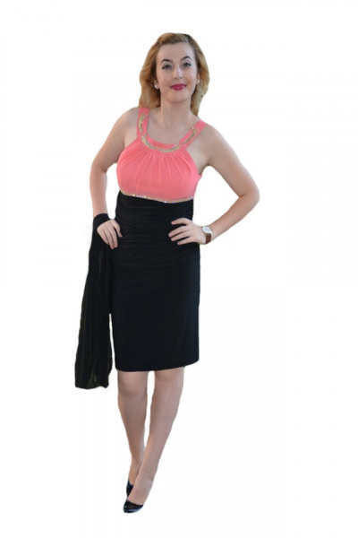 Rochie eleganta , din jerse fin, cu top corai si strasuri aurii
