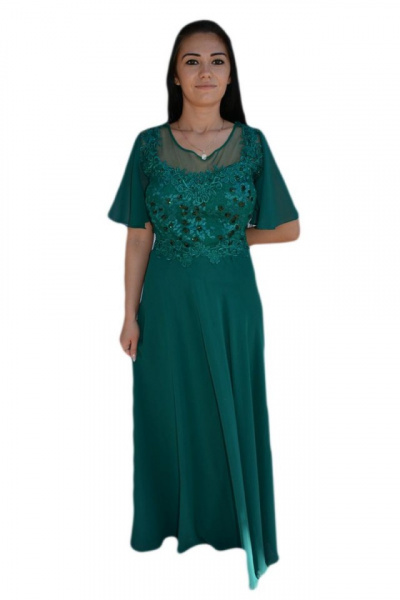 Rochie eleganta din voal combinat cu dantela si perle, greenery