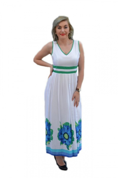 Rochie lejera de vara, flori verzi pe fond alb, model lung