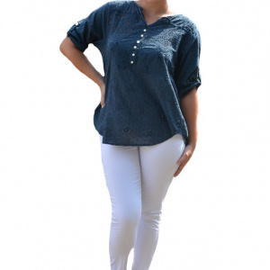 Bluza de vara tip camasa Jeniffer ,model cu broderie si paiete ,nuanta de bleumarin