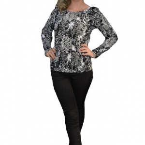 Bluza dreapta cu maneca lunga si decolteu rotund, negru-alb
