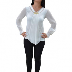 Bluza feminina de ocazie, culoare alba, maneca lunga, fronsata