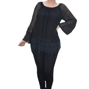 Bluza moderna Kara cu insertii de broderie si dantela ,nuanta de negru