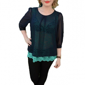 Bluza rafinata de ocazie, voal bleumarin cu dantela turcoaz