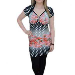 Bluza tip tunica cu maneca scurta, imprimeu de buline si flori