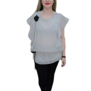 Bluza trendy din voal, nuanta alba cu buline negre si elastic