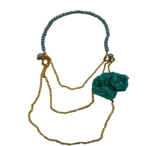 Colier fashion,lant auriu cu margele si design cu franjuri roz,floare verde,portocaliu-bleumarin