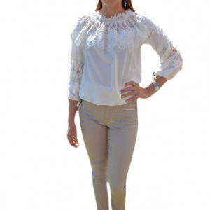 Pantalon tineresc cu imprimeu de dungi subtiri, nuanta de bej