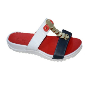 Papuc fashion din piele, culoare alb-bleumarin-rosu, decor auriu