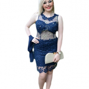 Rochie de ocazie din dantela si tul bleumarin, model cambrat