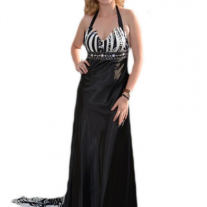 Rochie de seara, deosebita, din saten fin, nuante de negru cu alb