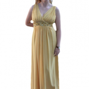 Rochie de seara lunga, feminina, galbena cu paiete aurii