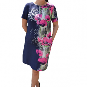 Rochie de zi Agace ,imprimeu cu maci,nuanta de bleumarin